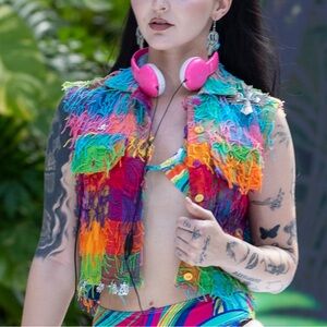 Ana's Fashions Colorful Vintage String Fringe Vest Checkered Pattern Size Small